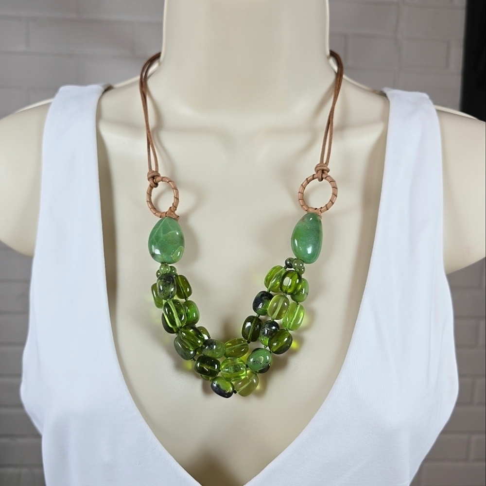 Coldwater Creek Green Glass Beaded Layered Necklace with Brown Cord